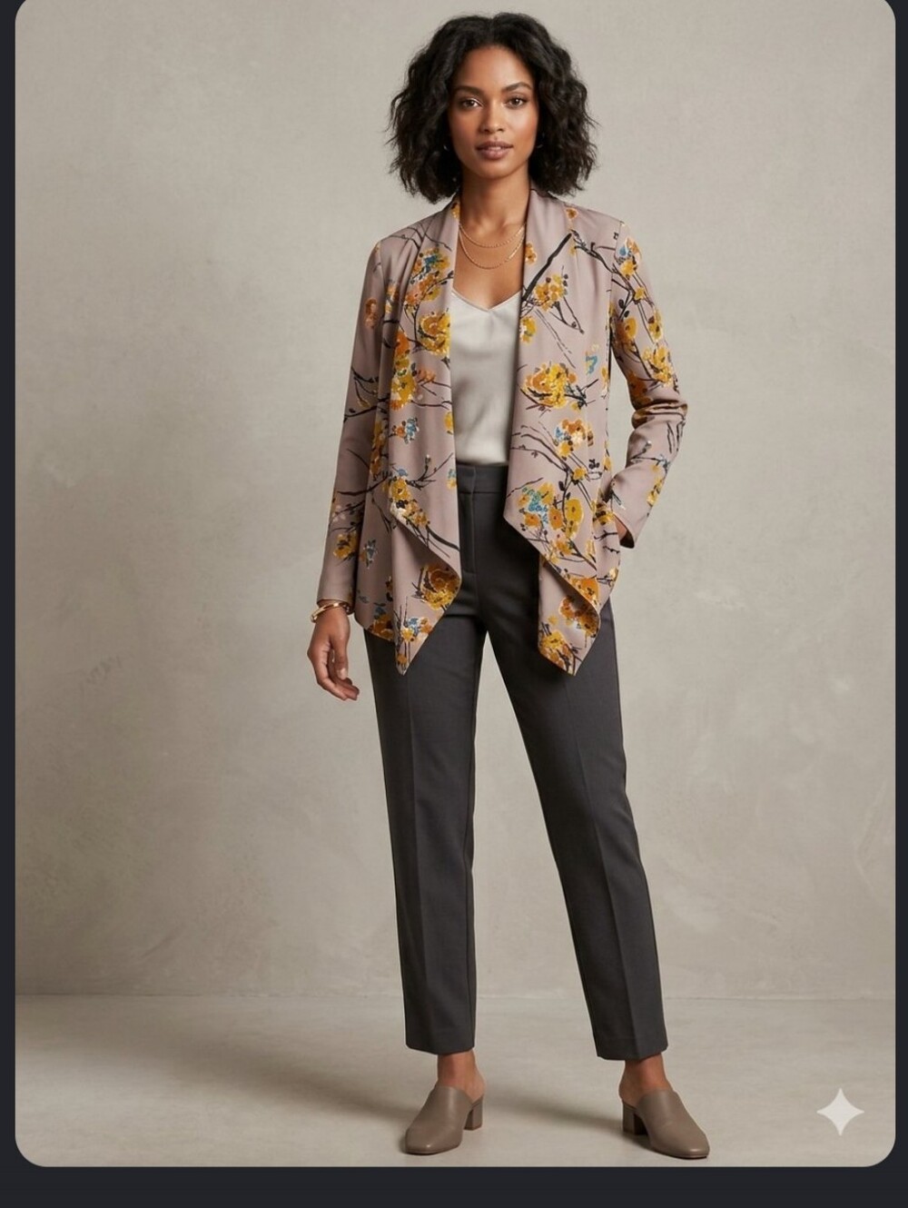 Floral Draped Open-Front Jacket in Taupe